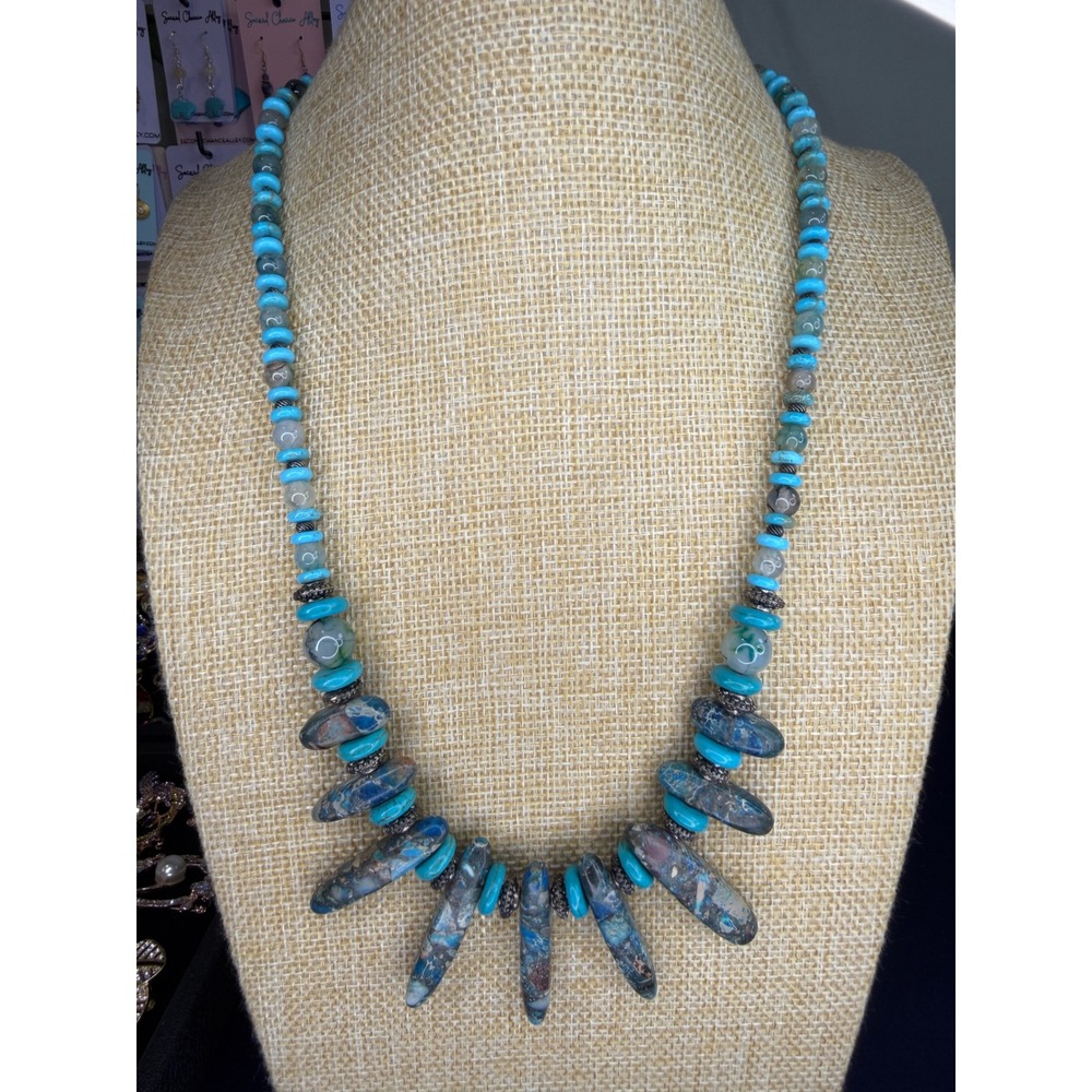 Blue Jasper Turquoise Beaded Statement Necklace Artisan Boho Southwest Toggle